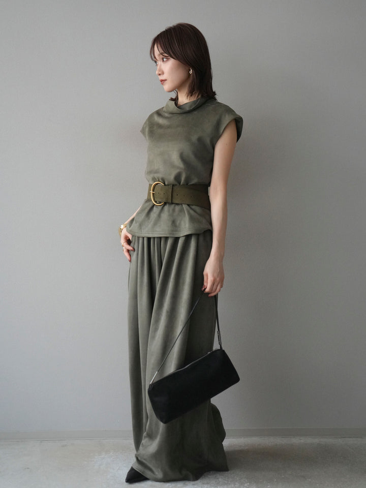 [SET]ベルト付スエードハイネックプルオーバー＆ワイドパンツSET UP
