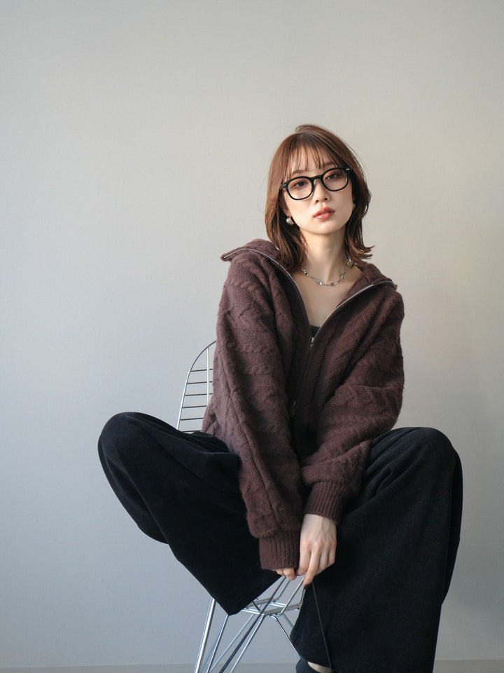 [予約]ケーブル編みハイネックZIPニットカーディガン/brown