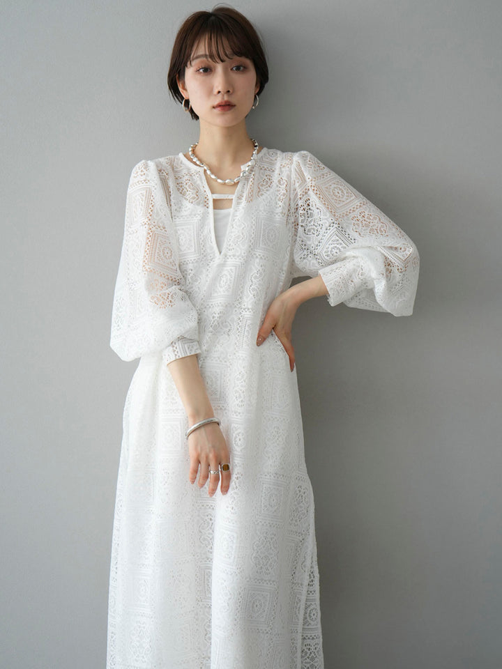 [Pre-order] Block Lace Volume Sleeve Dress/White