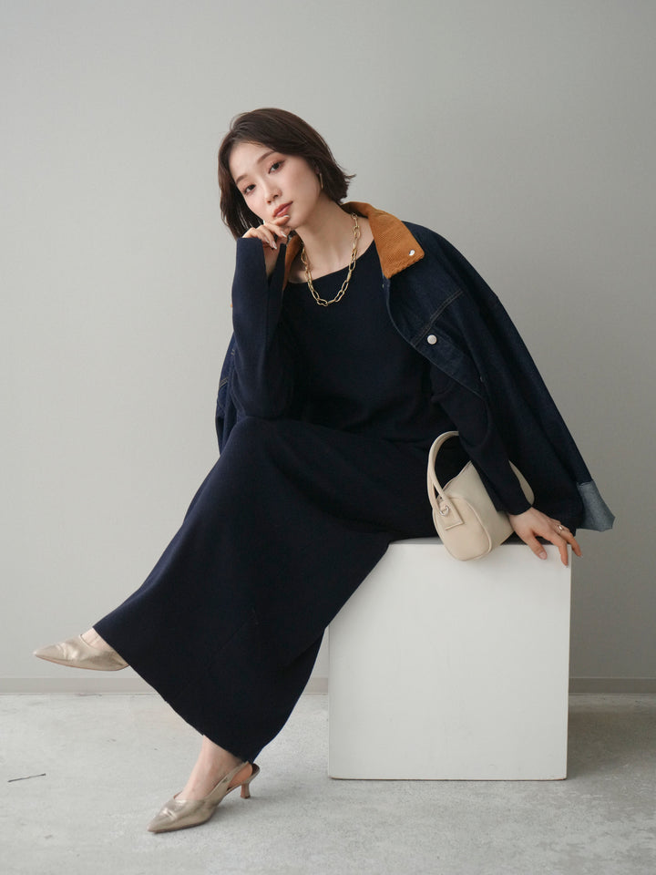 [SET]2WAYニットワンピース+コーデュロイ×デニムミドルジャケット(2set)