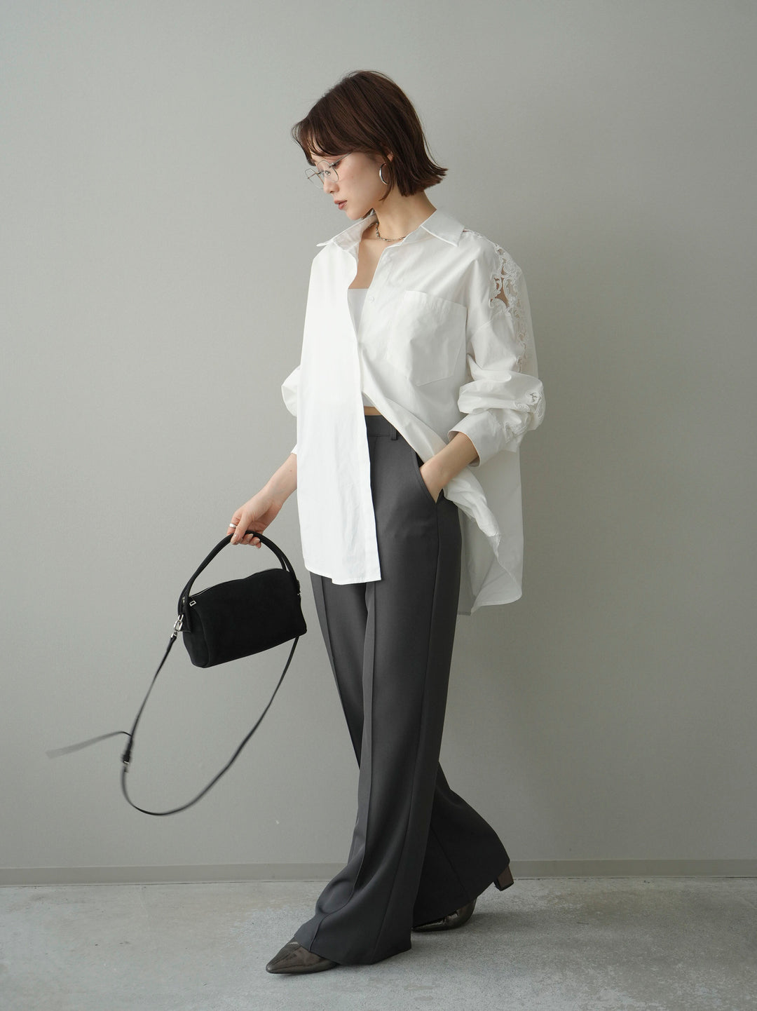 [SET]アームレースブロードシャツ+センターシームフレアパンツ(2set)