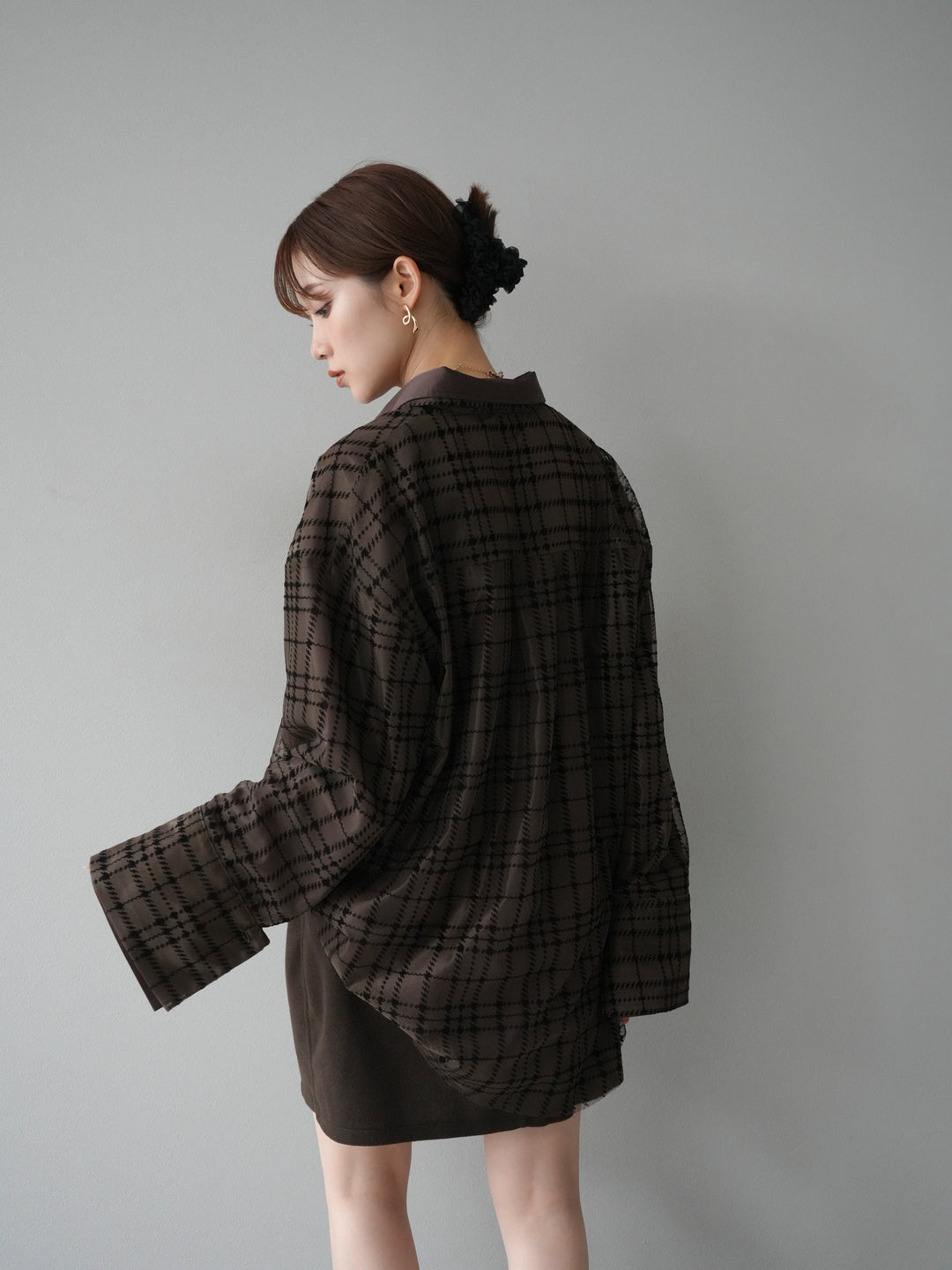[予約]チェック柄チュールシャツアンサンブル/ブラウン