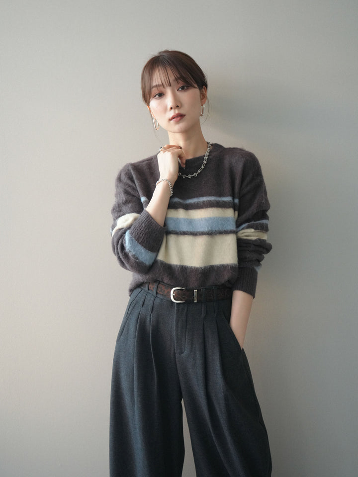 [予約]ソフトタッチボーダークロップドニットプルオーバー/brown