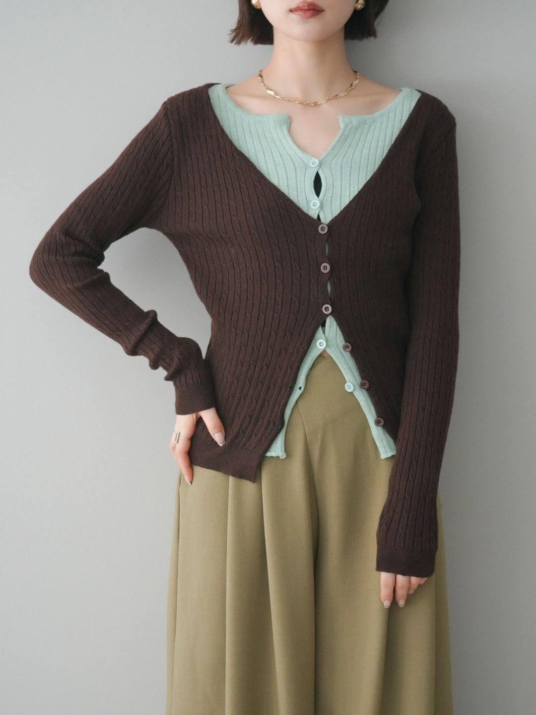 [予約]バイカラーレイヤードニットカーディガン/brown