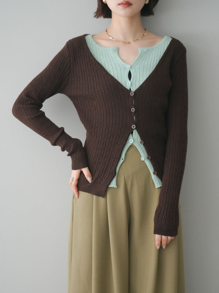 [予約]バイカラーレイヤードニットカーディガン/brown