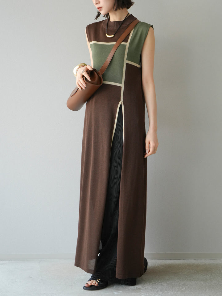 [SET] 配色開衩針織洋裝 + 波浪滾邊休閒褲 (2件套)