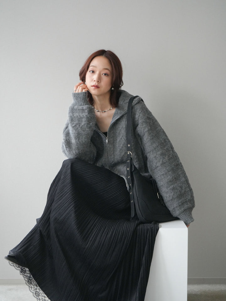 [SET]ケーブル編みハイネックZIPニットカーディガン+裾レーススウェードプリーツマキシスカート(2set)