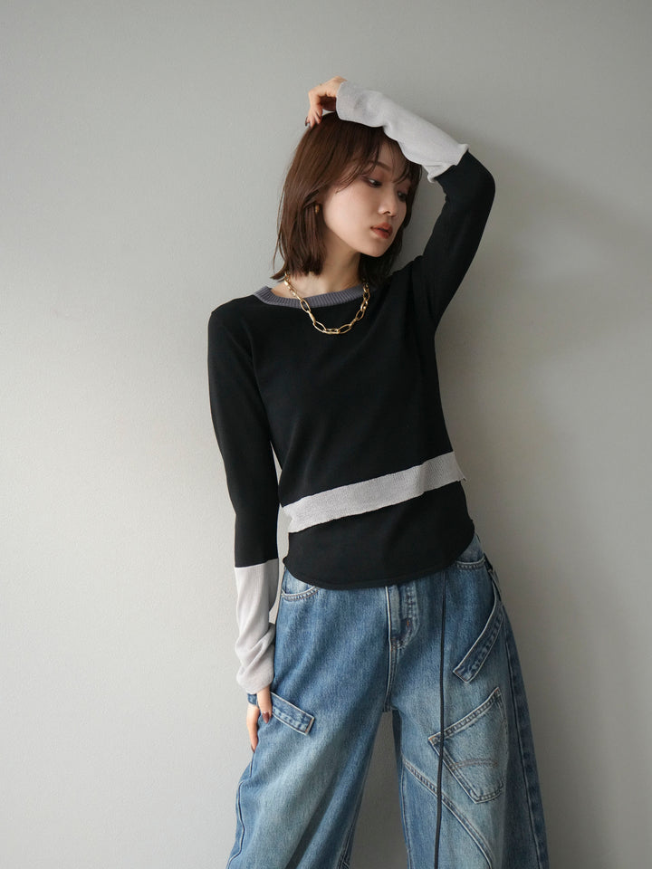 [予約]異素材配色デザインニットトップス/ブラック