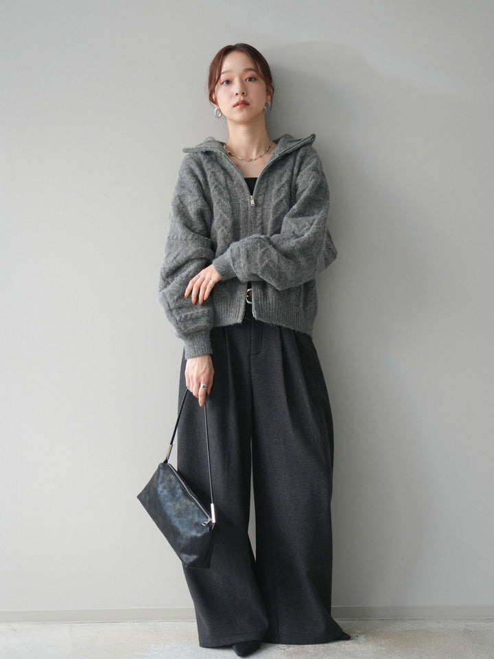 [SET]ケーブル編みハイネックZIPニットカーディガン+アニマル柄ベルト付きウールタッチワイドパンツ(2set)
