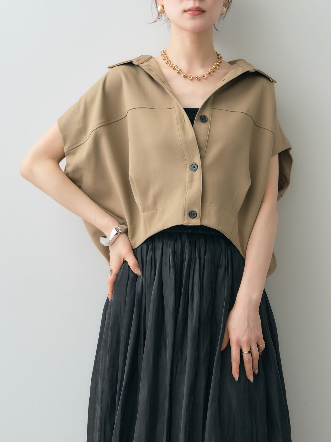 [予約]クレープデシンランタンノースリシャツ/beige