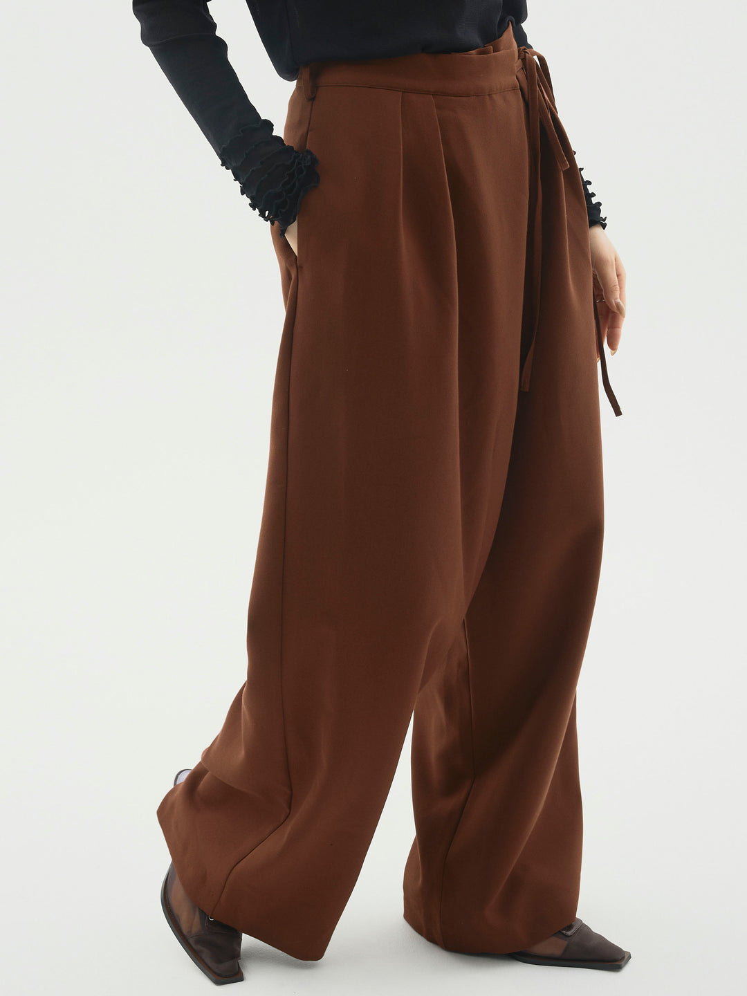 [予約]ラップデザインタックワイドパンツ/ブラウン
