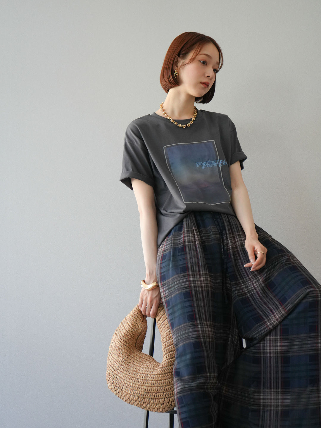 [SET] 薄紗層疊印花T卹 + 透視格紋寬鬆褲 (2件套)