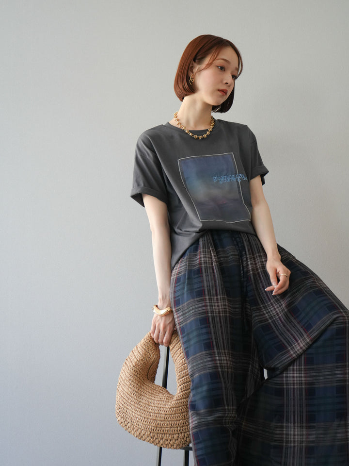 [SET] 薄紗層疊印花T卹 + 透視格紋寬鬆褲 (2件套)