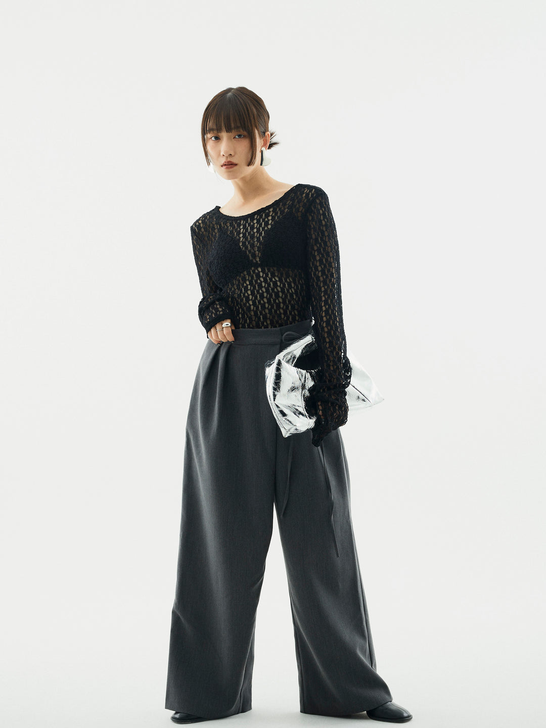 【Allure】[SET]バックラウンドレーストップス+ラップデザインタックワイドパンツ(2set)