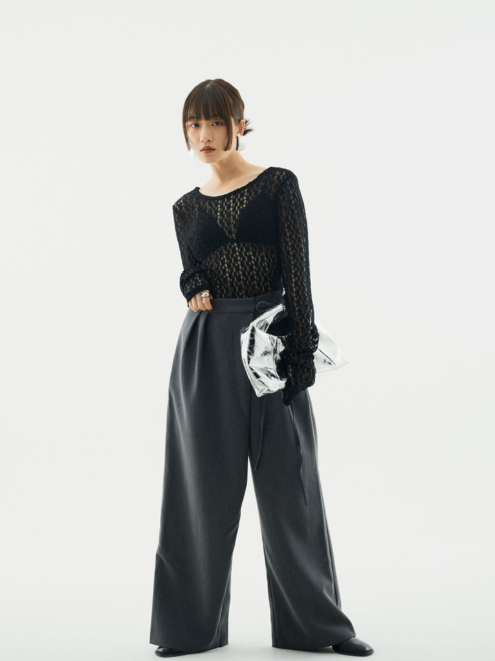 【Allure】[SET]バックラウンドレーストップス+ラップデザインタックワイドパンツ(2set)