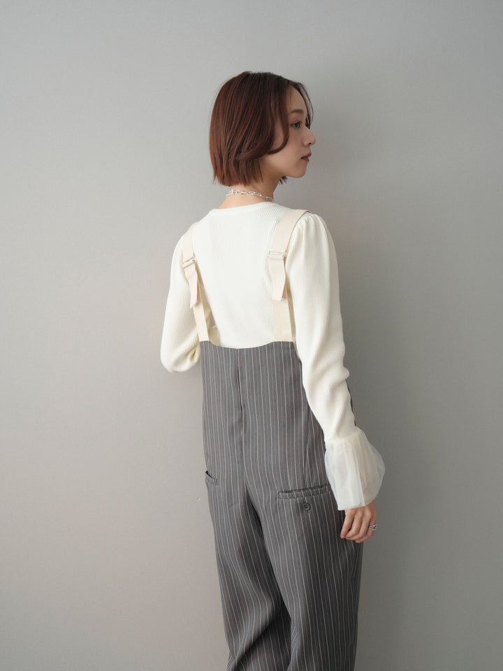 [SET]袖チュールパワショルリブニットトップス+グログランテープストライプサロペット(2set)