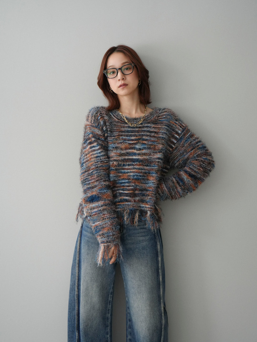 [SET]裾フリンジミックスヤーンシャギープルオーバー+選べるアクセセット(2set)