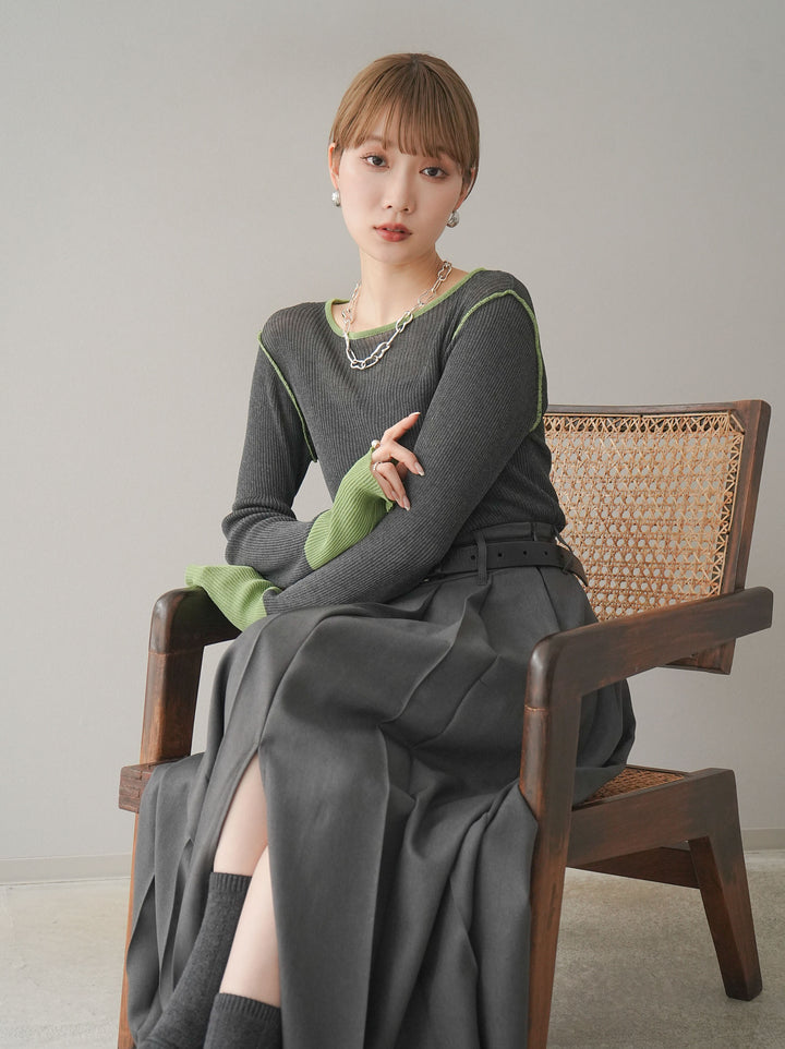【預購】色彩協調的透明亞麻針織上衣/炭綠色