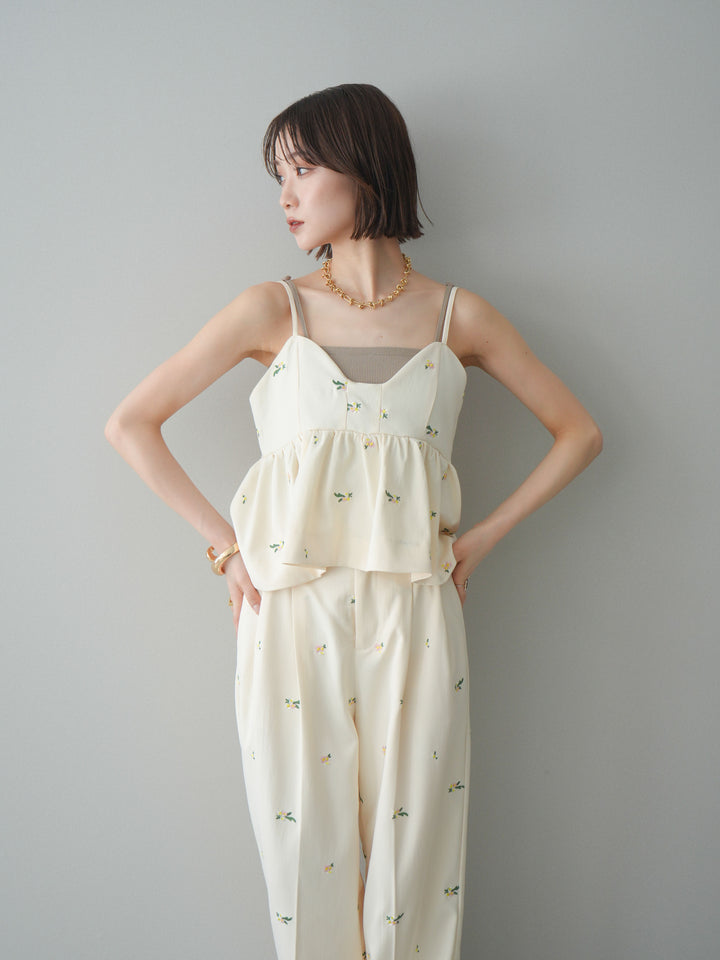 [SET]フラワー刺繍ビスチェ+フラワー刺繍タックパンツ(2set)