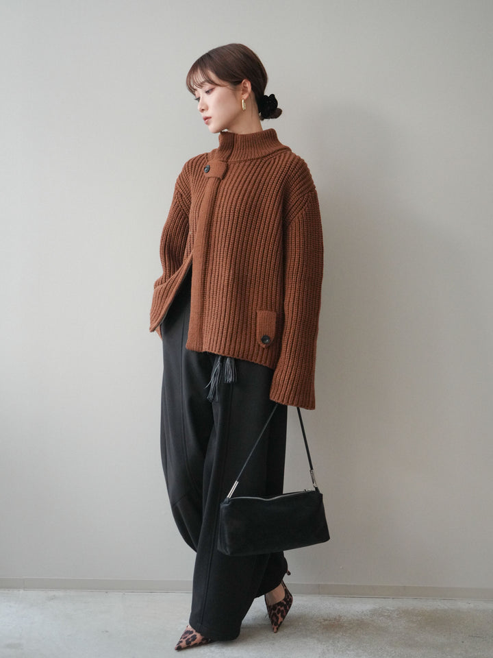 [SET]畦編みボトルネックZIPニットカーディガン+ベルト付裏起毛センターシームカーブパンツ(2set)