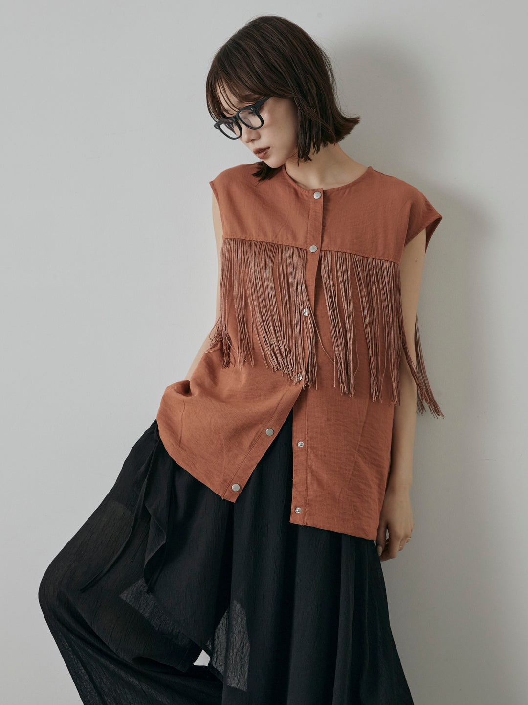 【預購】流蘇無袖上衣/摩卡色