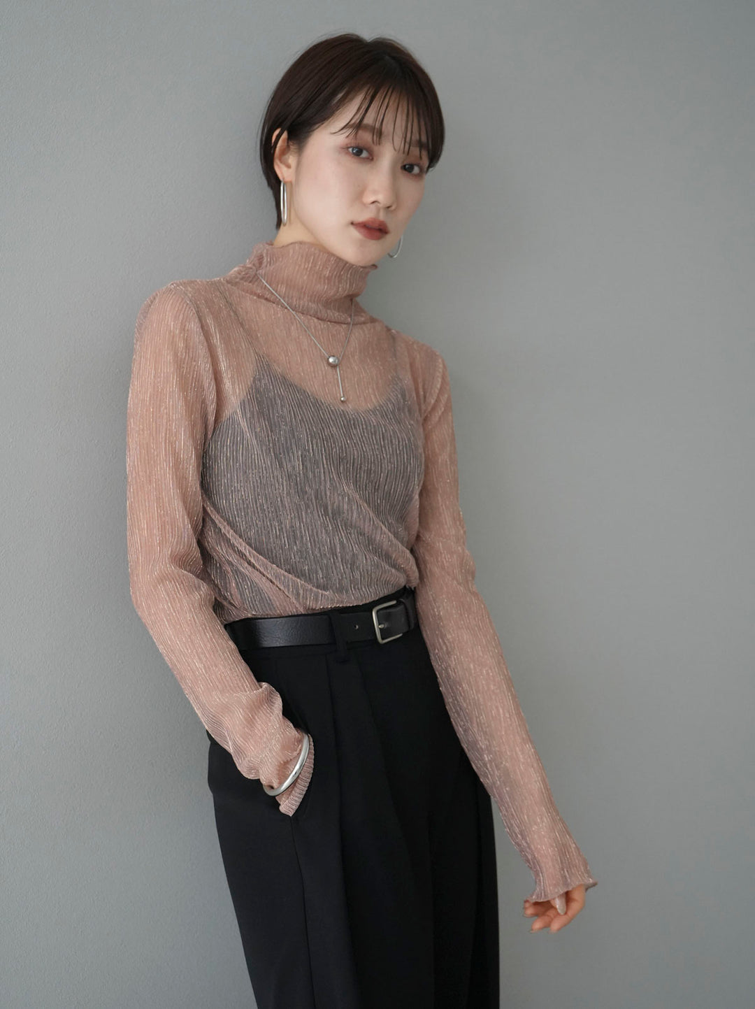 [Pre-order] Glitter pleated sheer top/pink