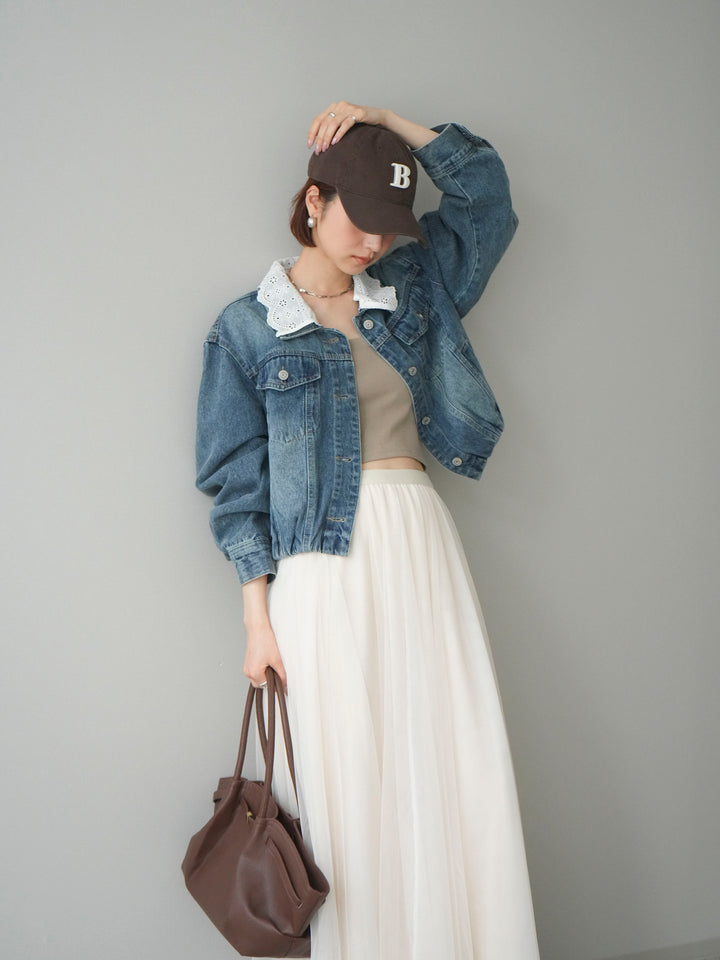 [SET]襟レースデニムショートジャケット+選べるアクセセット(2set)