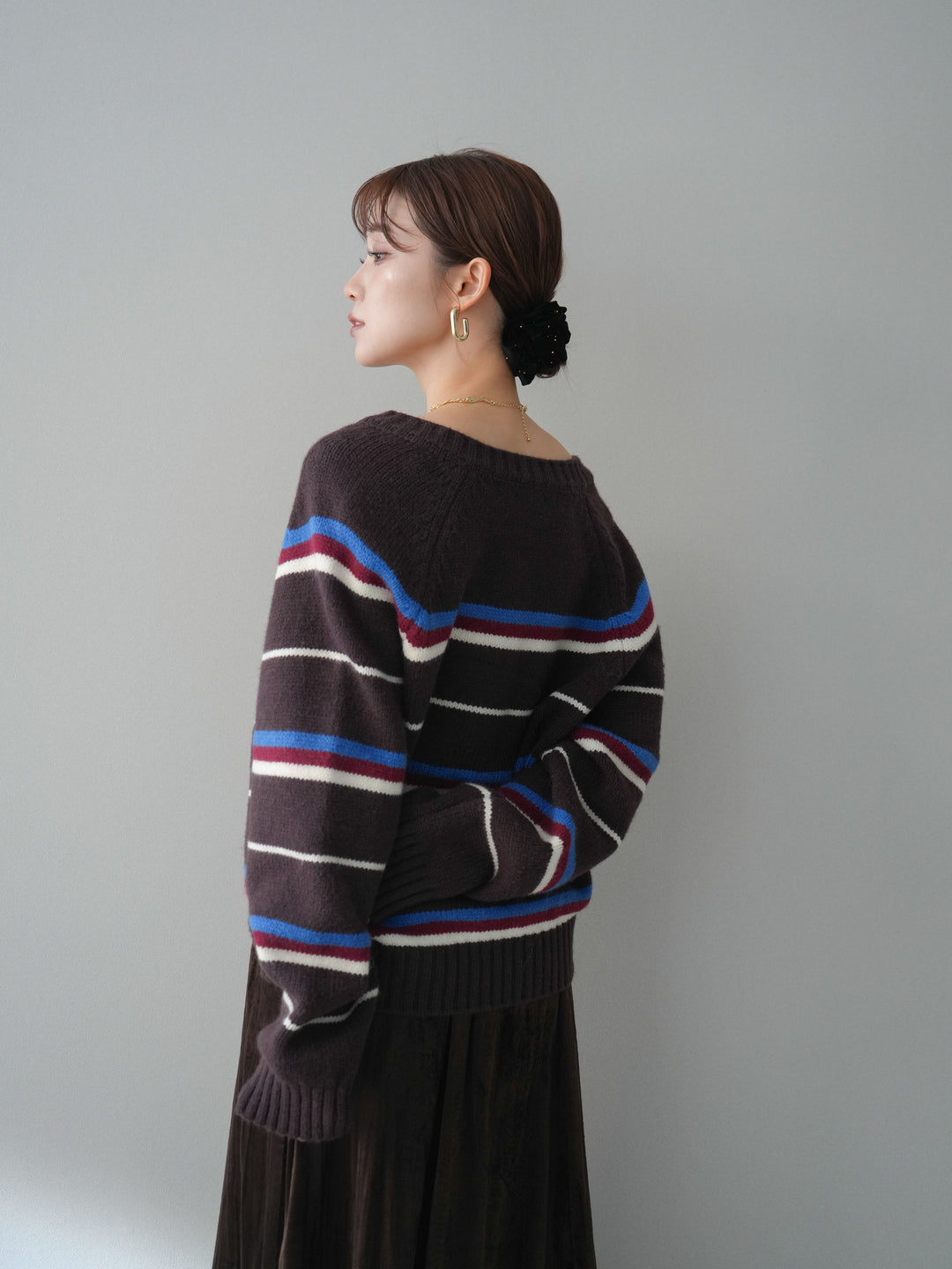 [予約]ランダムボーダーニットカーディガン/brown