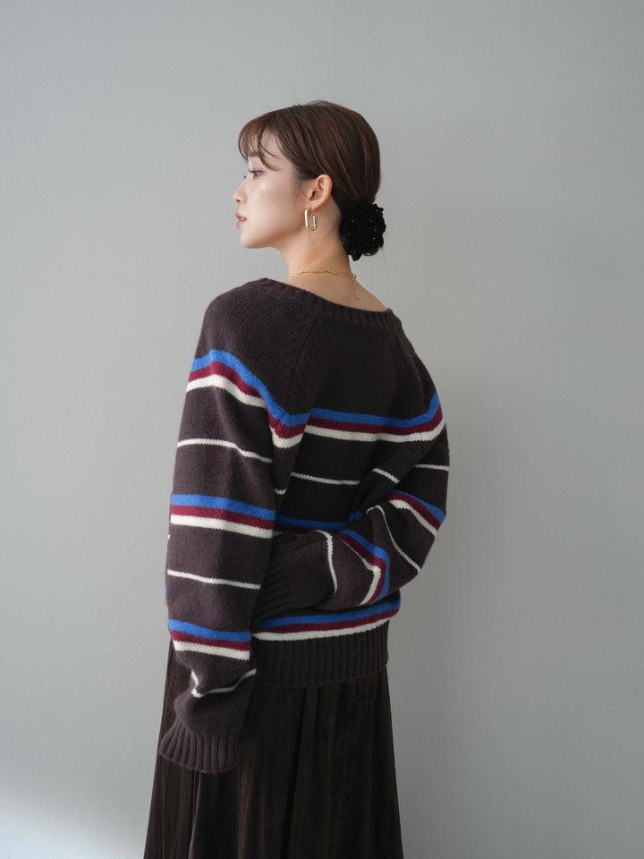 [予約]ランダムボーダーニットカーディガン/brown