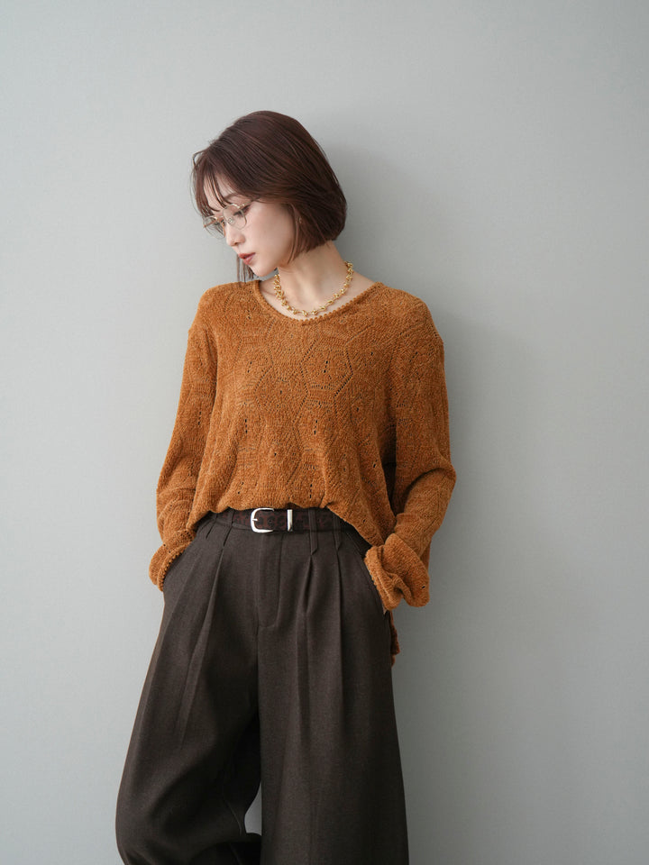 [予約]モール透かし編みニットトップス/camel