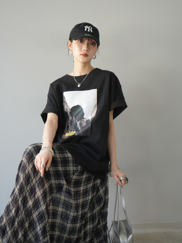 [SET]ネオンロゴフォトプリントBIG Tシャツ+シアーチェックアシンメトリーワッシャースカート(2set)