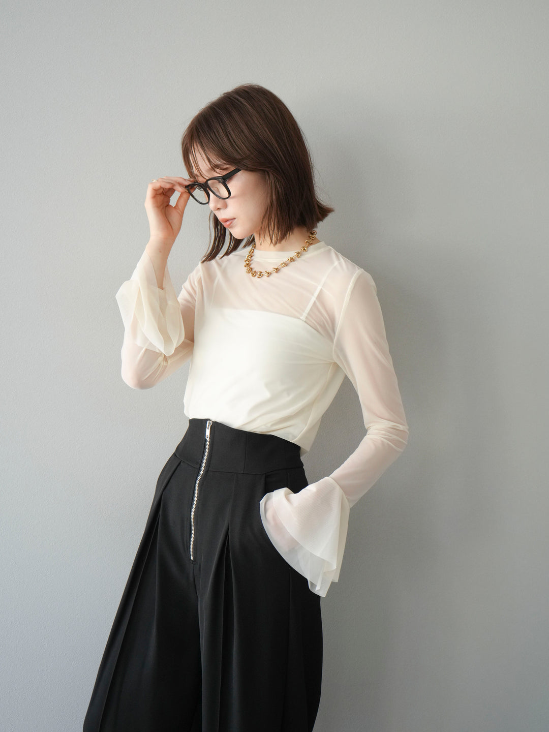 [予約]フレアロングスリーブパワーメッシュトップス/アイボリー