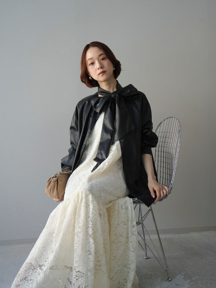 [SET]ギャザー切替レースキャミワンピース+フェイクレザーボウタイブラウス(2set)