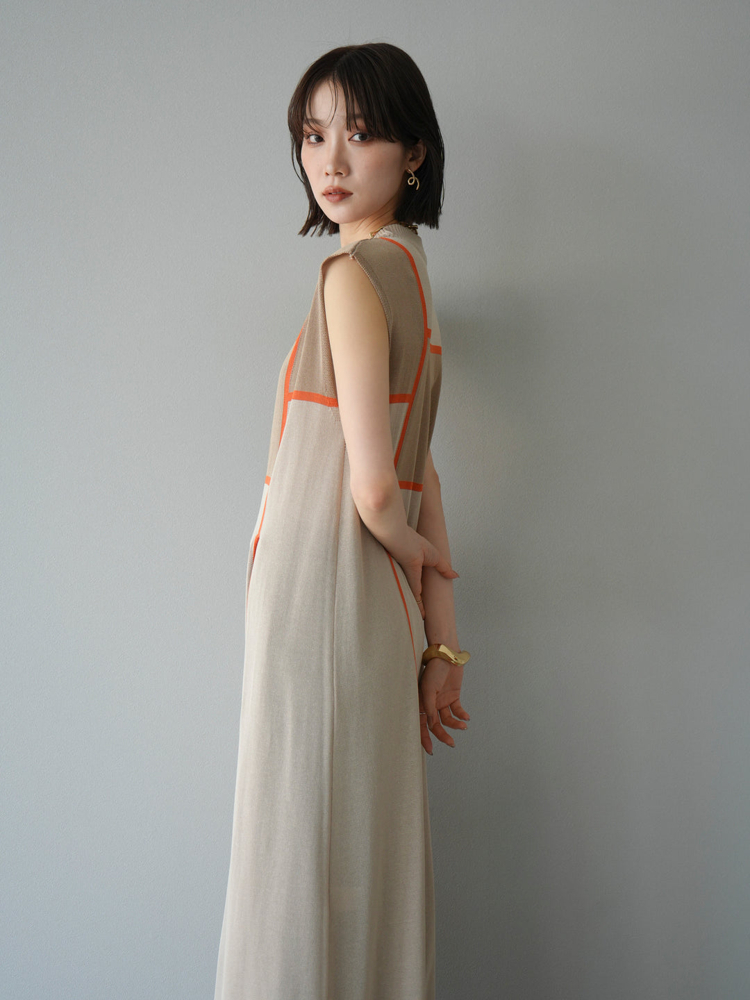 [予約]配色スリットニットワンピース/ベージュ
