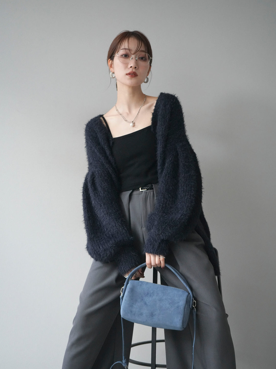 [SET]クルーネックランダムシャギーカーディガン+ベルトループデザインワイドパンツ(2set)