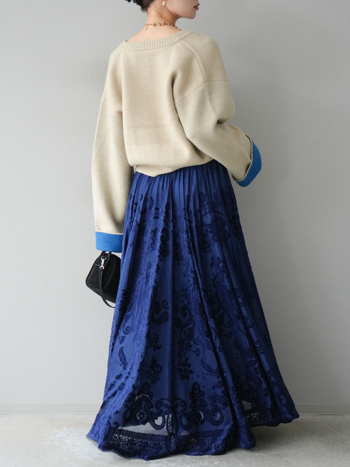 [SET]バイカラーオーバーニットカーディガン+アンティーク柄フロッキーマキシスカート(2set)