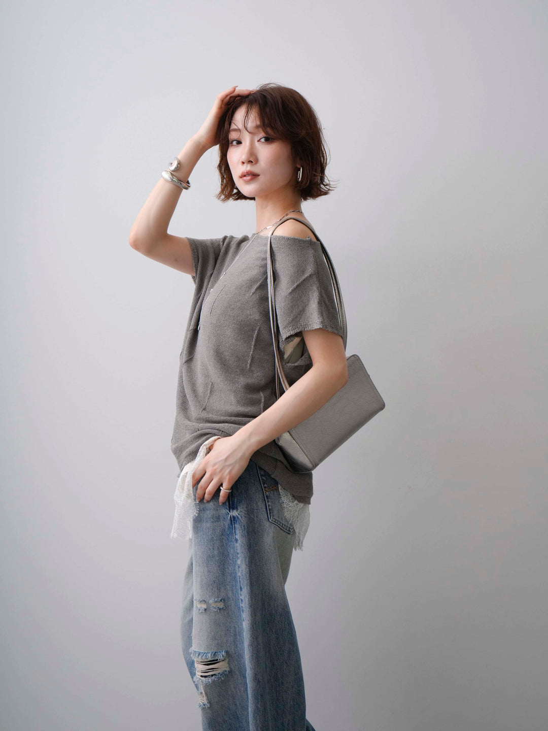 [予約]スラッシュ加工フレンチニットトップス/gray