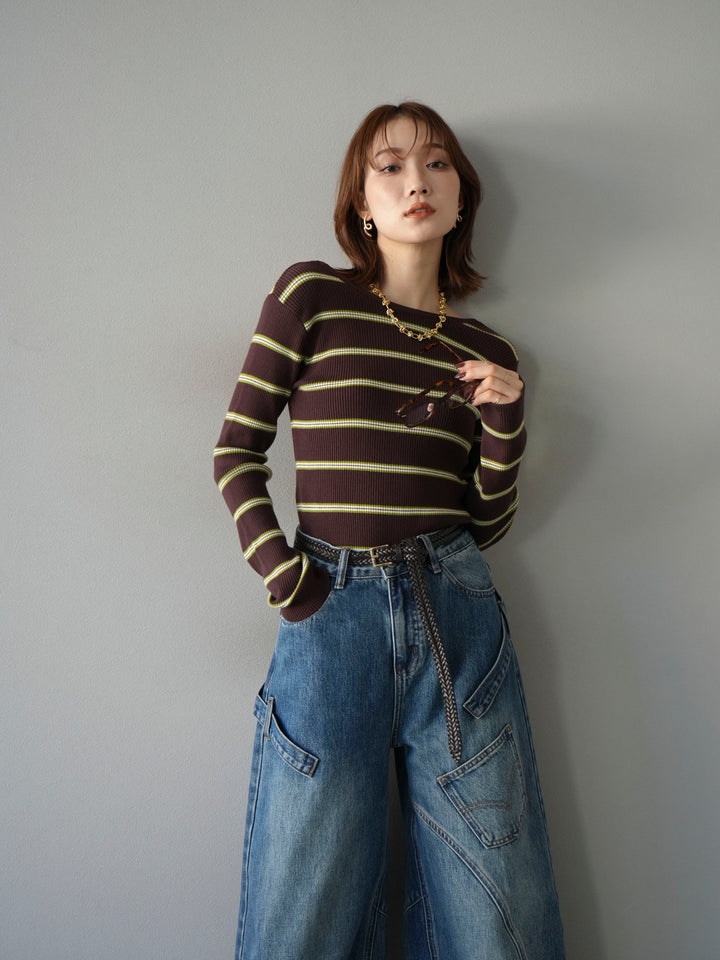 [予約]バックオープンボーダーテレコリブトップス/ブラウン