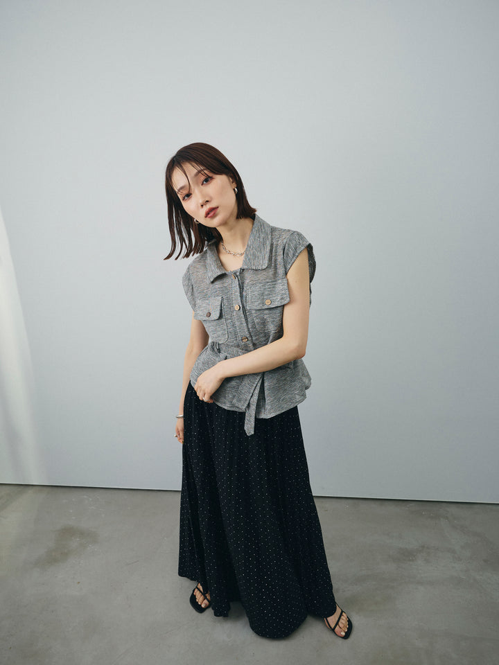 [SET]ミックスヤーンメッシュブラウス+ラインストーンプリーツスカート(2set)