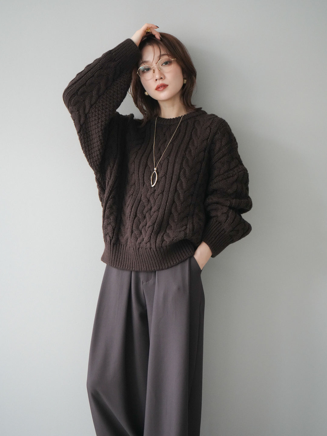 [予約]ボリュームケーブルニットプルオーバー/brown