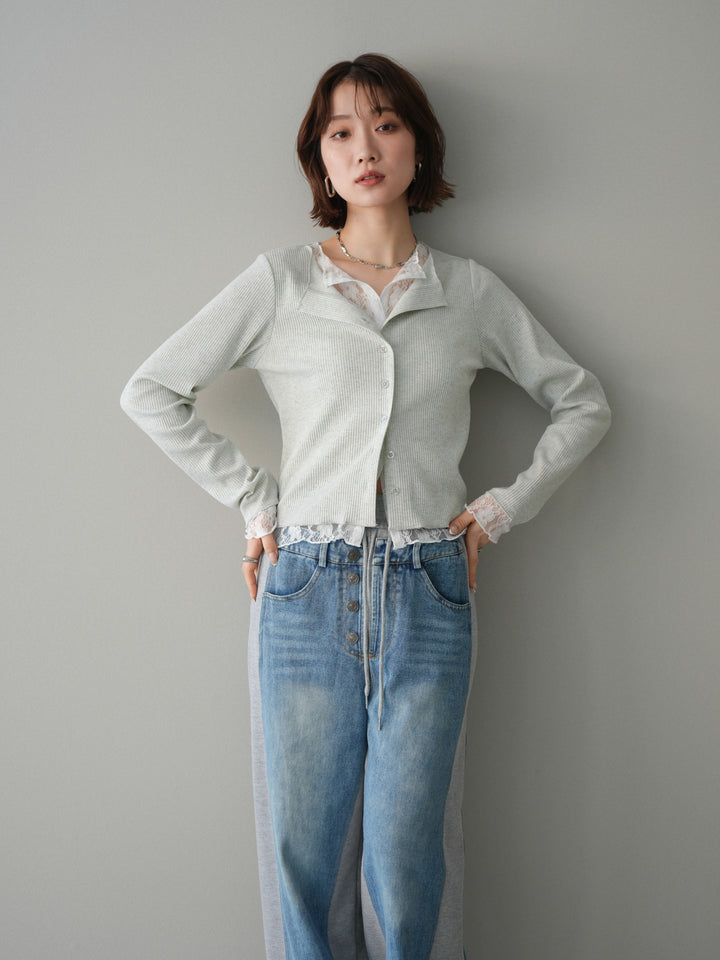 [SET]レースドッキングテレコリブカーディガン+選べるアクセセット(2set)