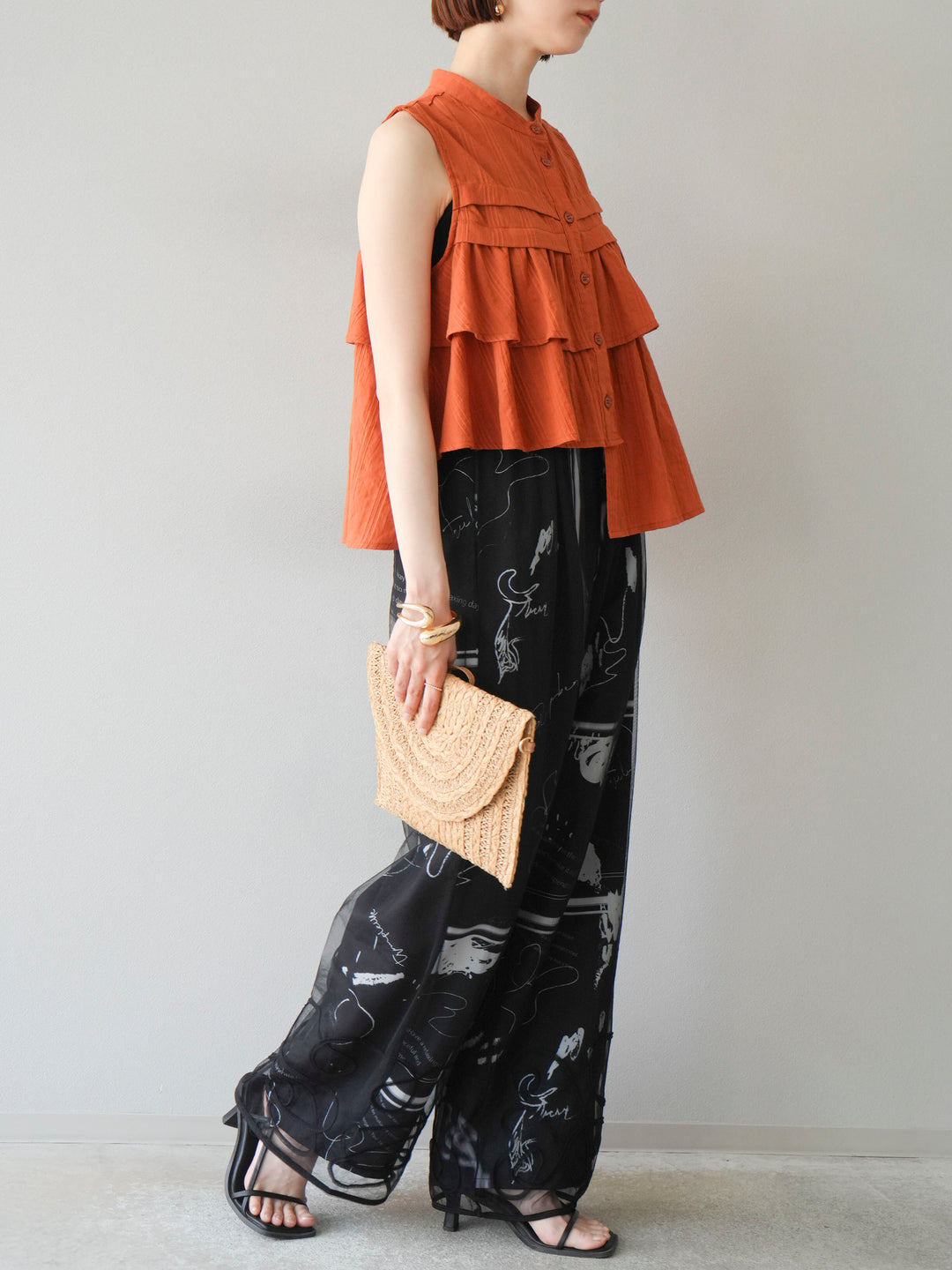[SET]コード刺繍チュールレイヤードパンツ+ペイント柄タックパンツ(2set)