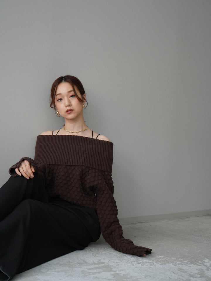 [SET]ポコポコ編みオフショルニットプルオーバー+ベルトループデザインワイドパンツ(2set)