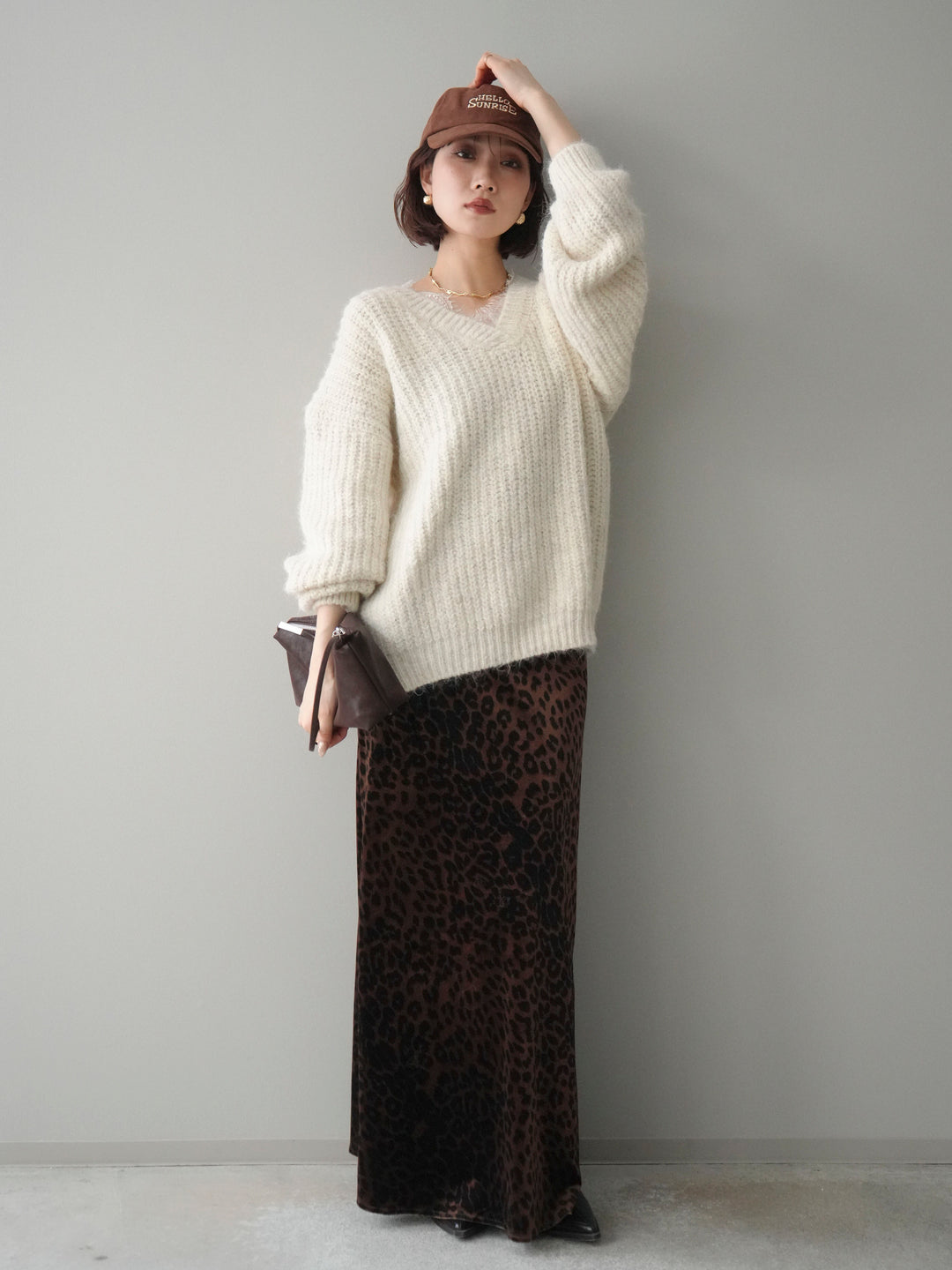 [SET]Vネックレースニットプルオーバー+レオパードベロアナロースカート(2set)
