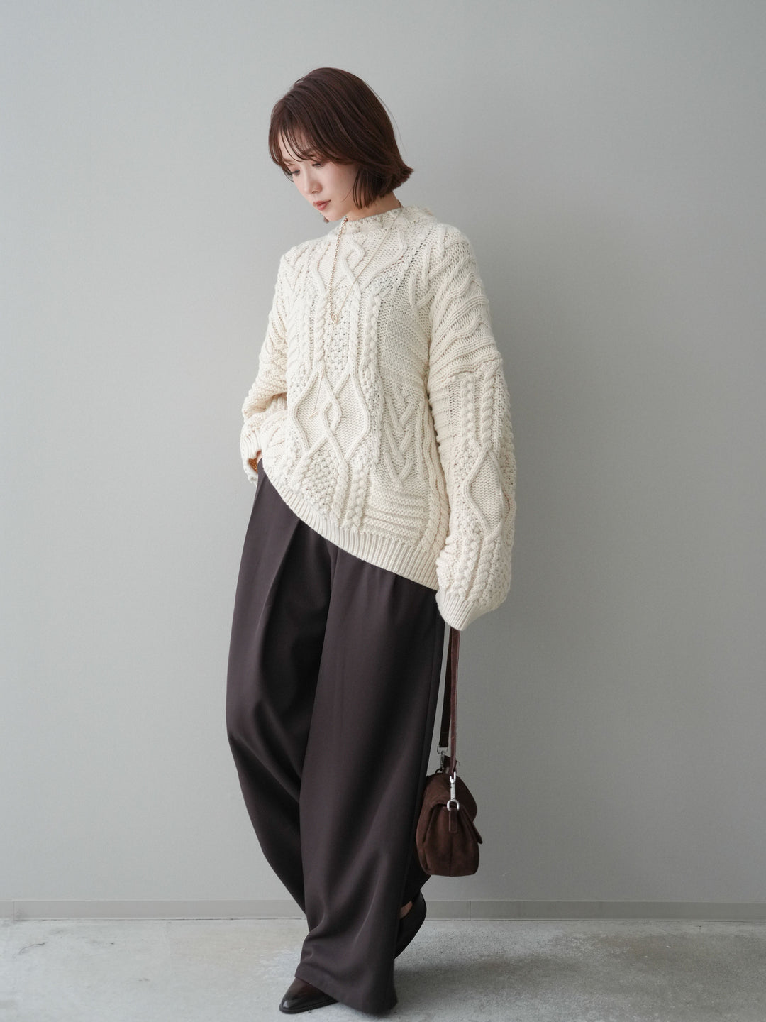 [SET]ケーブル編みモックネックニットプルオーバー+ベルトループデザインワイドパンツ(2set)