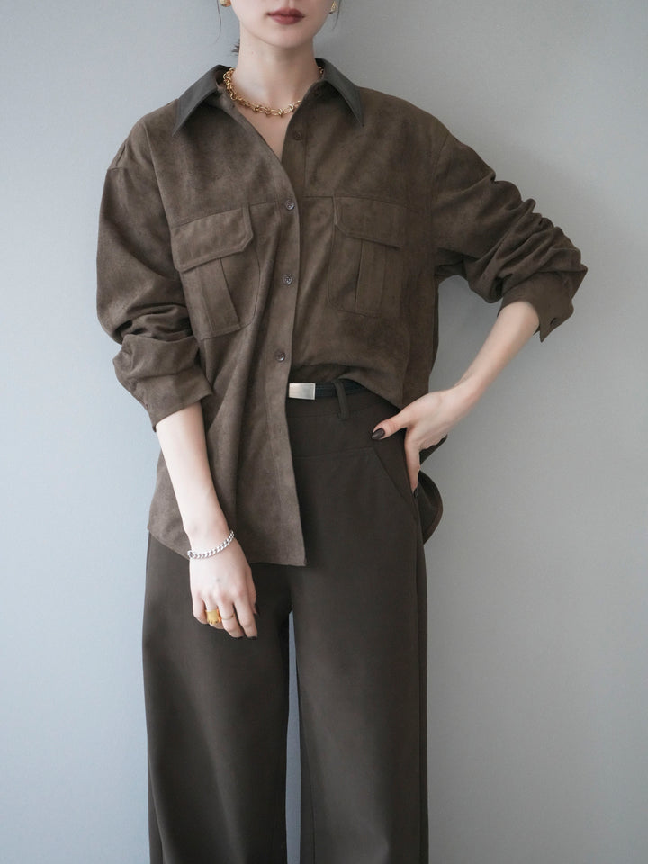 [予約]レザー襟スエードシャツ/khaki