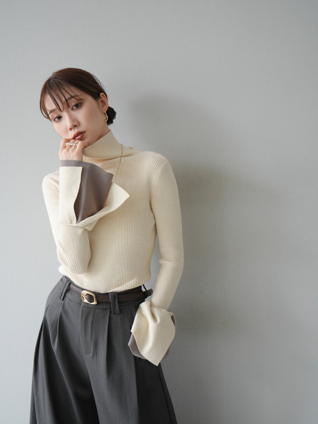 [3]ヘンリーネック配色リブニットトップス/アイボリー