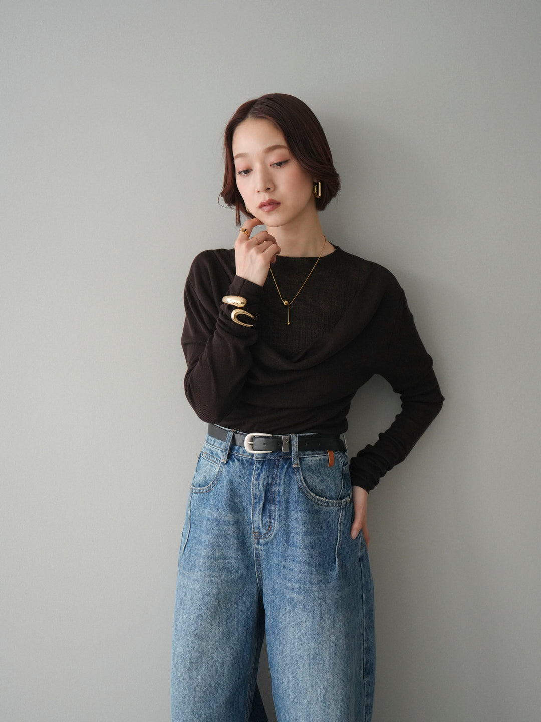 [予約]ボトルネックドレープレイヤードニットトップス/brown