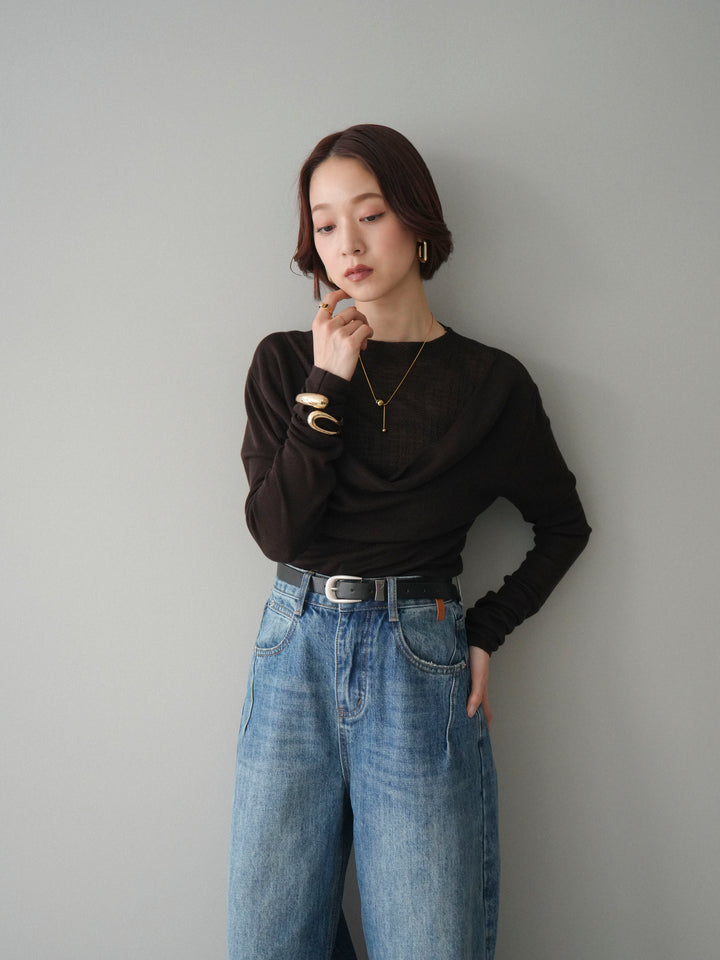 [予約]ボトルネックドレープレイヤードニットトップス/brown