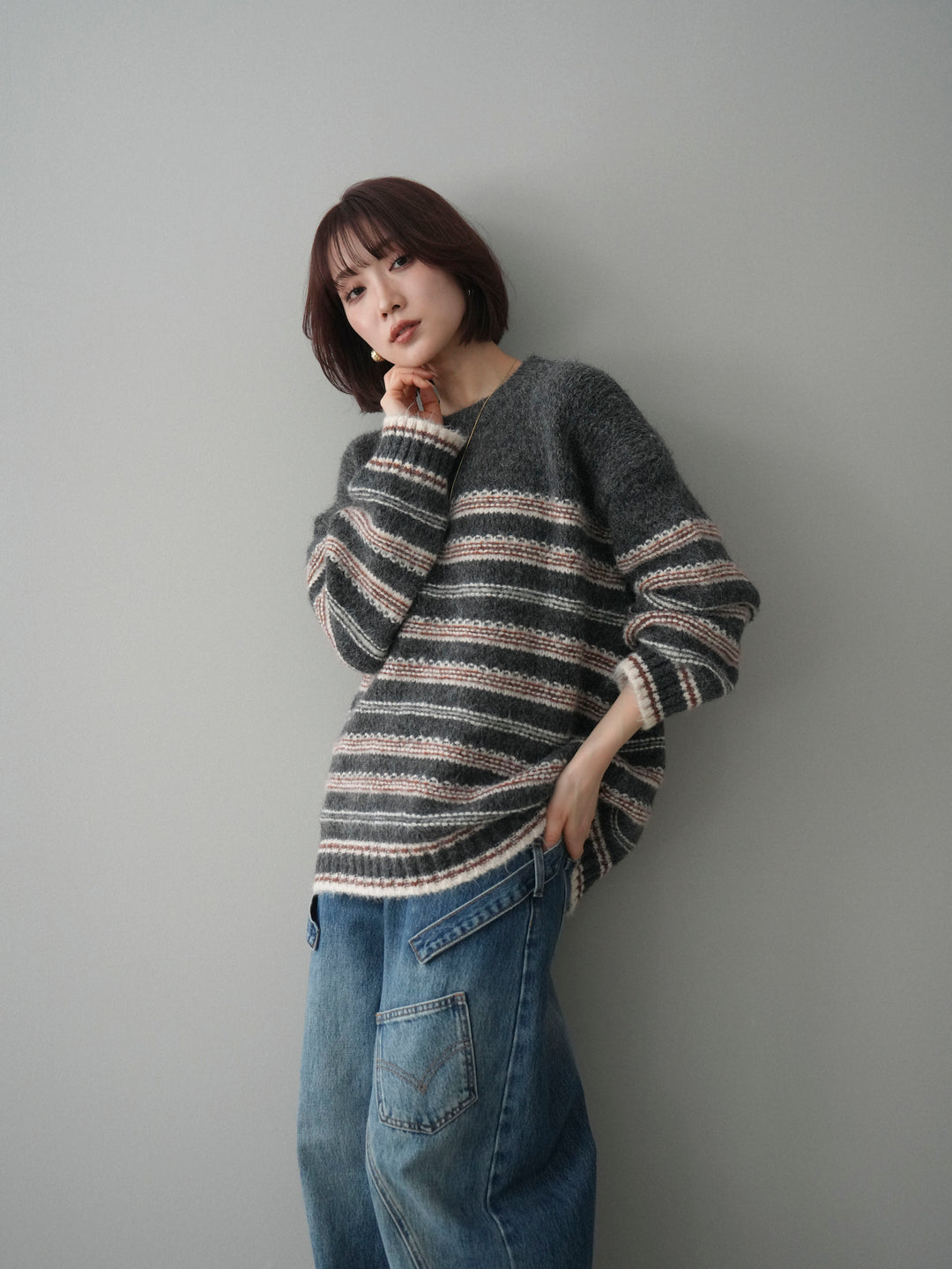 [SET]ステッチボーダーニットプルオーバー+ペインターカーブデニムパンツ(2set)